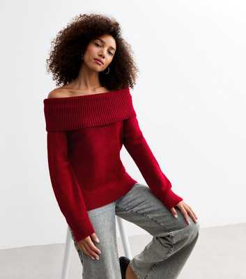 Red Knit Foldover Bardot Jumper