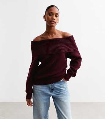 Burgundy Knit Foldover Bardot Jumper