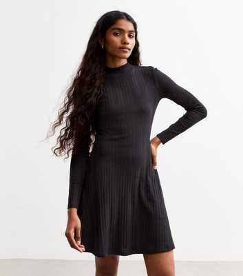 Petite Black Ribbed Skater Mini Dress