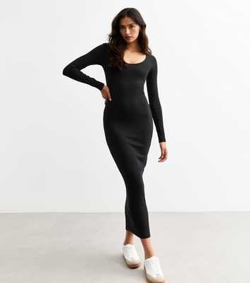 Tall Black Fine Rib Jersey Midi Dress