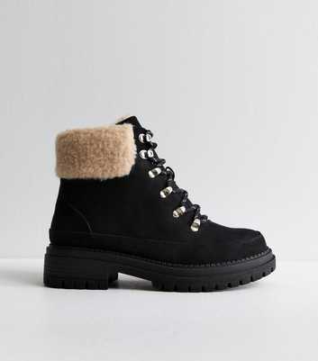 Wide Fit Black Borg Trim Lace Up Ankle Boots