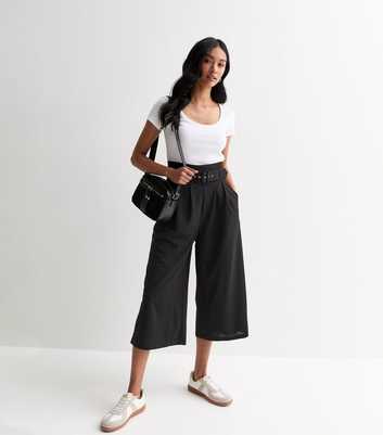 Cameo Rose Black Belted Wide Leg Crop Trousers