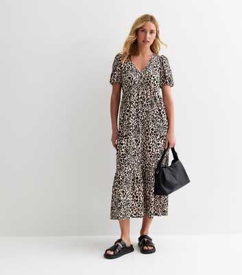 Black Leopard Print V Neck Peplum Midi Dress