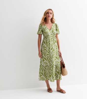 Green Squiggle Print V Neck Midi Dress