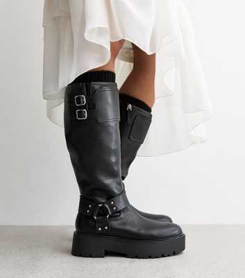 Black Chunky Buckled Faux Leather Knee High Boots