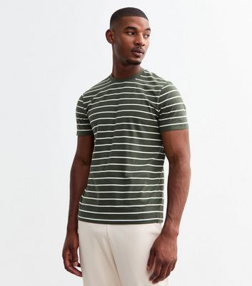 Men's Green Cotton Striped Crew Neck T-Shirt New Look