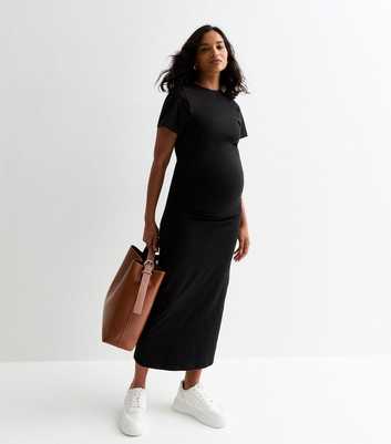 Maternity Black Cotton Blend Ruched Side Tie Midi Dress