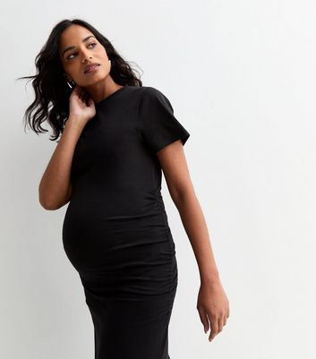 Maternity Black Cotton Blend Ruched Side Tie Midi Dress New Look