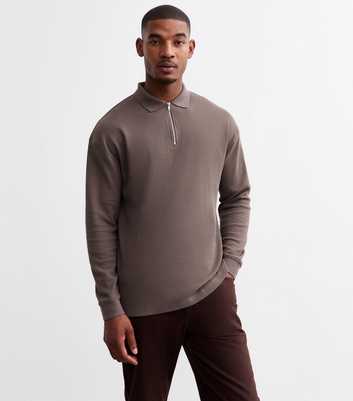 Rust Regular Textured Half Zip Long Sleeved Polo Shirt