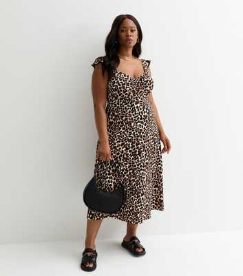 Curves Brown Crinkle Leopard Print Ruched Front Midi Dress