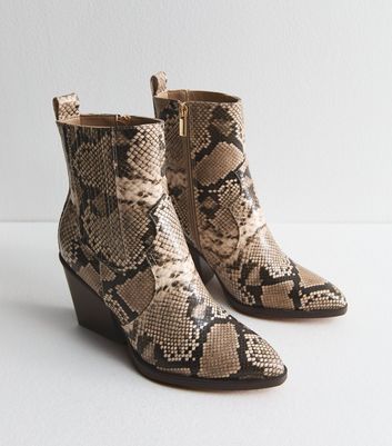 Brown Snakeskin Leather Look High Ankle Boots New Look