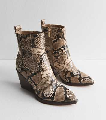 Brown Snakeskin Leather Look High Ankle Boots 