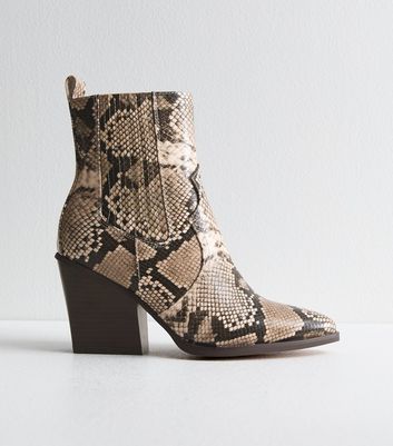 Brown Snakeskin Leather Look High Ankle Boots New Look