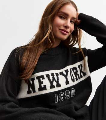 Black New York 1990 Slogan Knitted Jumper