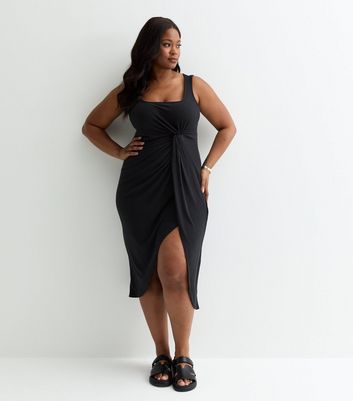 Curves Black Knot Front Ribbed Sleeveless Midi Dress | New Look