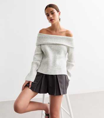 Grey Ribbed Knit Bardot Jumper 