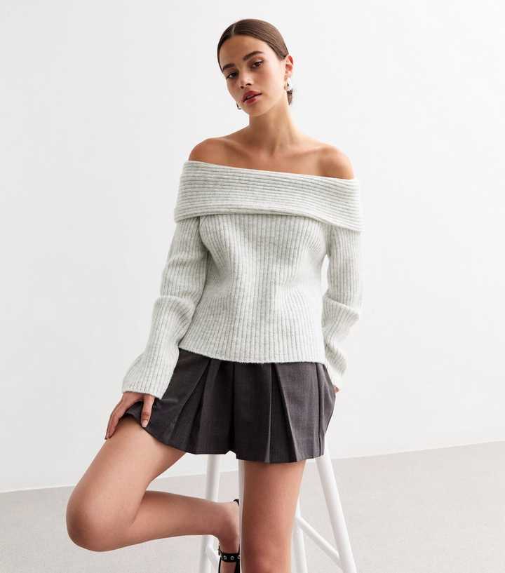 Grey Ribbed Knit Bardot Jumper 