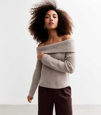 Mink Ribbed Knit Bardot Jumper 