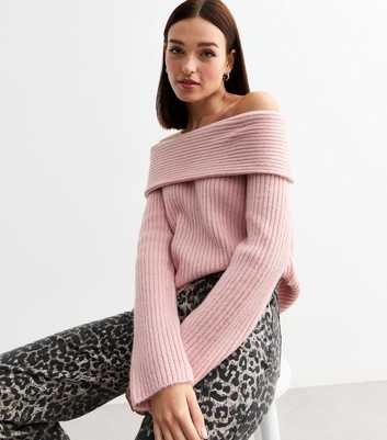 Pink Ribbed Knit Bardot Jumper 