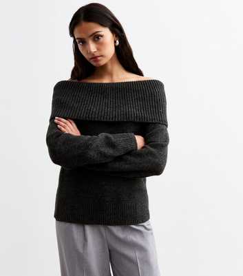 Tall Grey Knit Foldover Bardot Jumper