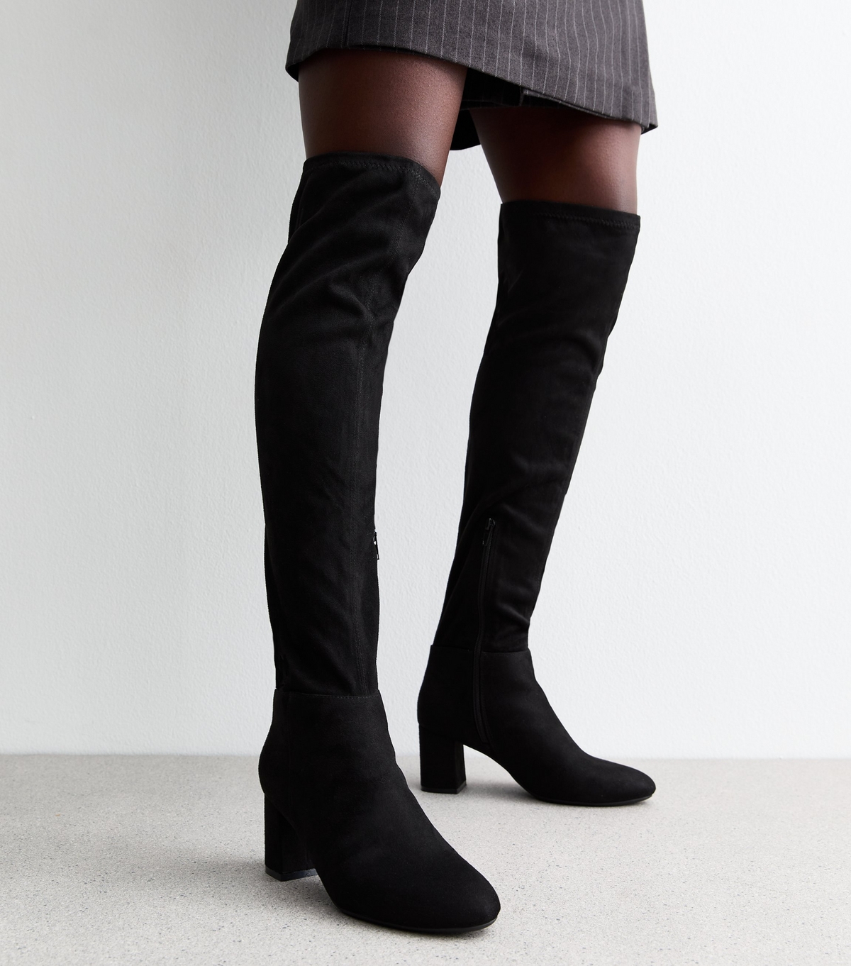 Women's Black Faux Suede Block Heel High Leg Boots Vegan New Look