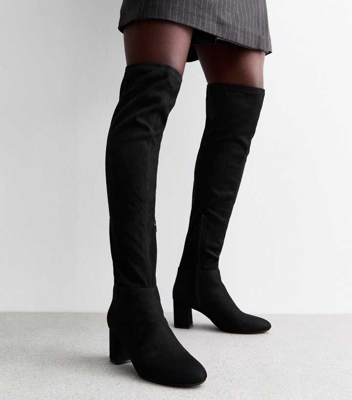 Black Faux Suede Block Heel High Leg Boots