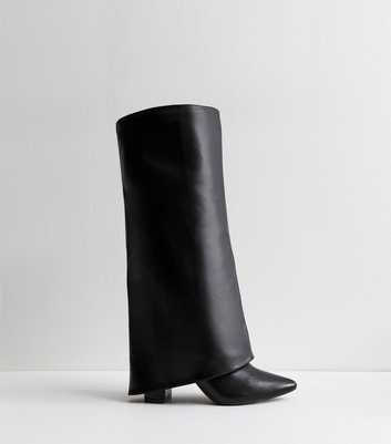 Black Foldover Leather Look Knee High Boots 