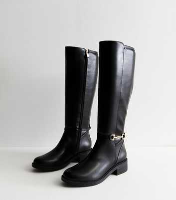 Wide Fit Black Leather-Look High Leg Boots