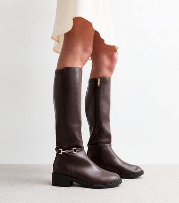 Wide Fit Brown Leather Look High Leg Boots New Look