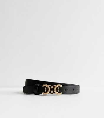 Black Leather-Look Curved Buckle Skinny Belt