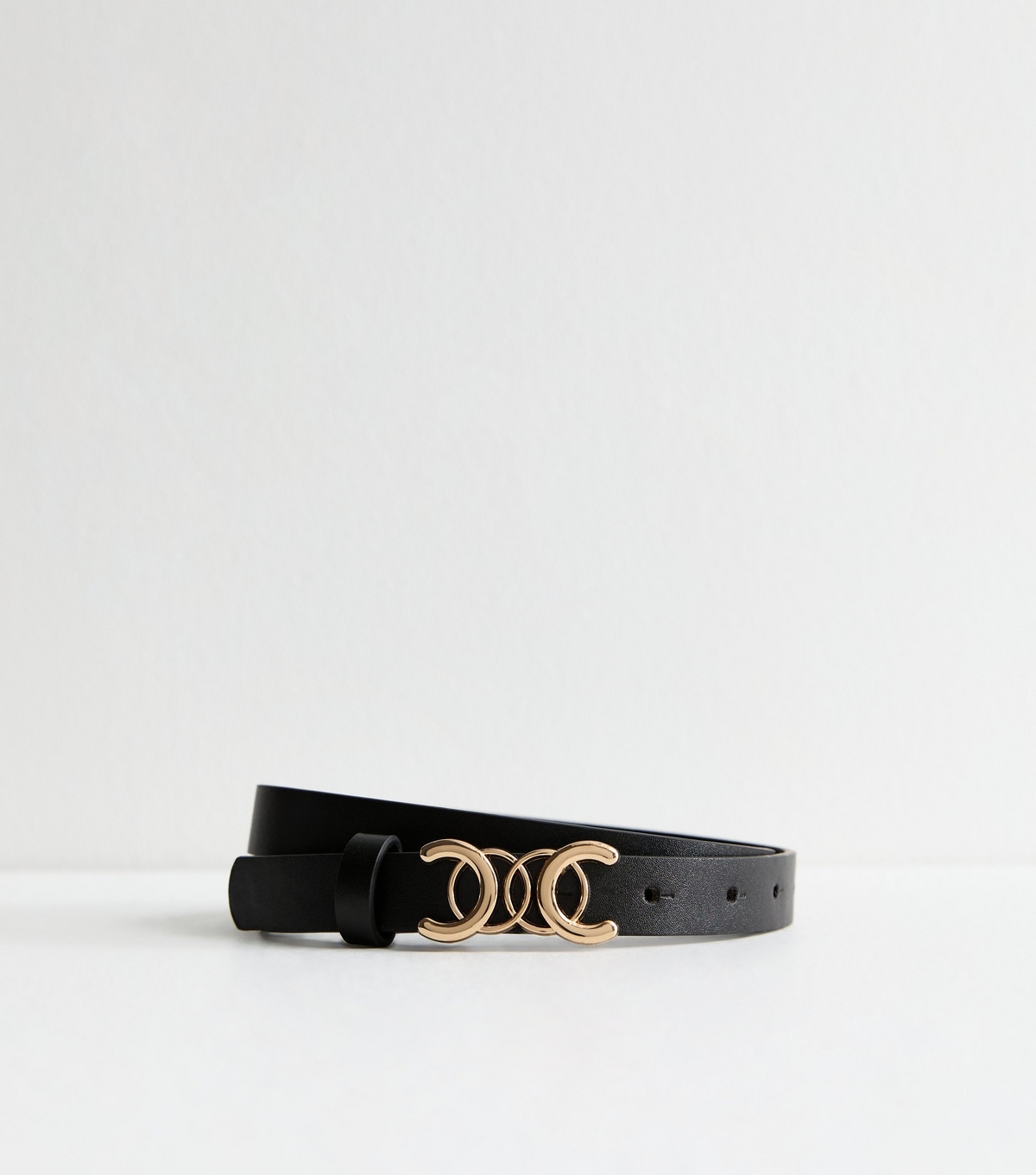 Black Leather-Look Curved Buckle Skinny Belt New Look