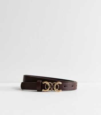 Brown Leather-Look Curved Buckle Skinny Belt