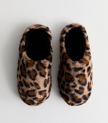 Faux Fur Leopard Print Girls Slippers Brown Leopard Print Faux Fur