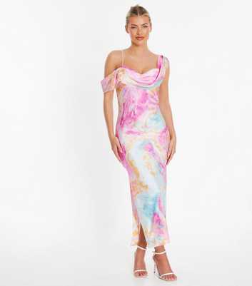 QUIZ Pink Satin Marble Cowl Maxi Dress