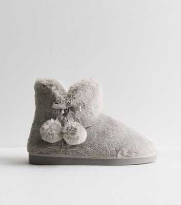 Grey Pom Pom Faux Fur Ankle Boot Slippers