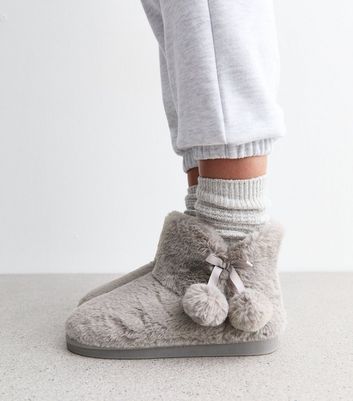 Grey Pom Pom Faux Fur Ankle Boot Slippers New Look