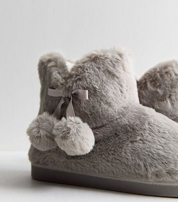 Grey Pom Pom Faux Fur Ankle Boot Slippers New Look
