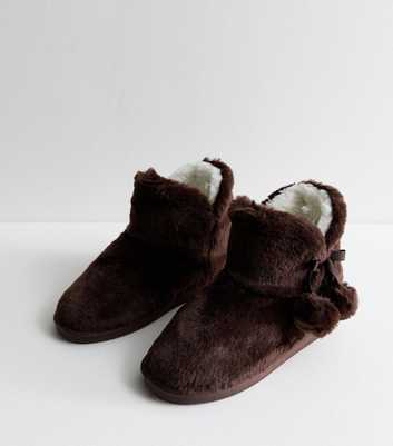 Chocolate Brown Pom Pom Faux Fur Ankle Boot Slippers