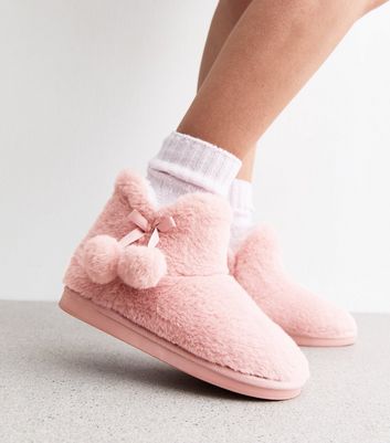 Pink Pom Pom Faux Fur Ankle Boot Slippers New Look