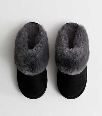 Black Suedette Faux Fur Trim Mule Slippers