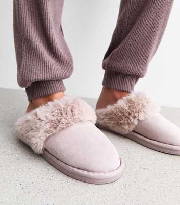 Lilac Suedette Faux Fur Trim Mule Slippers