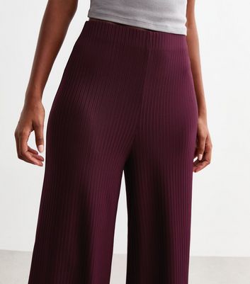 Burgundy Ribbed Wide Leg Trousers New Look