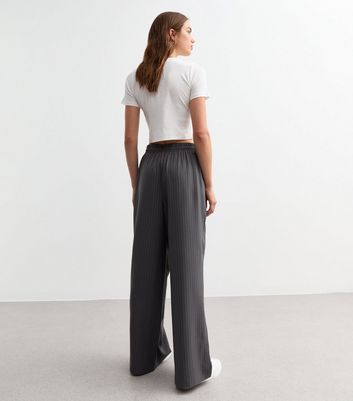Light Grey Pinstripe Drawstring Wide Leg Trousers New Look