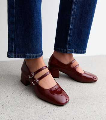 Burgundy Patent Leather-Look Heeled Mary Jane Shoes