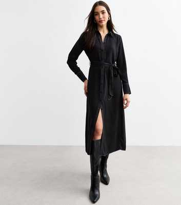 Black Contrast Stitch Midi Shirt Dress