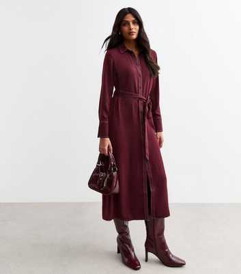 Burgundy Contrast Stitch Midi Shirt Dress