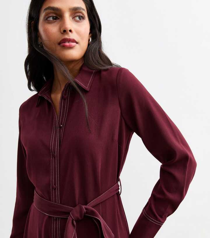 Burgundy Contrast Stitch Midi Shirt Dress