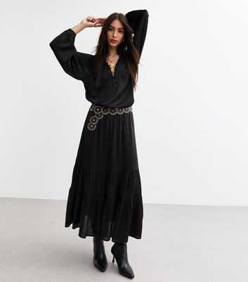 Black Glossy Satin Tiered Midi Skirt