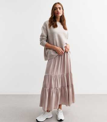 Pink Satin Tiered Midi Skirt