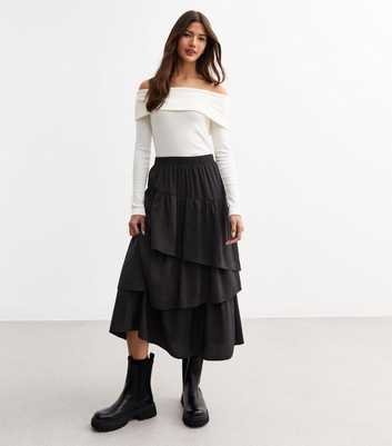 Black Asymmetric Tiered Midi Skirt